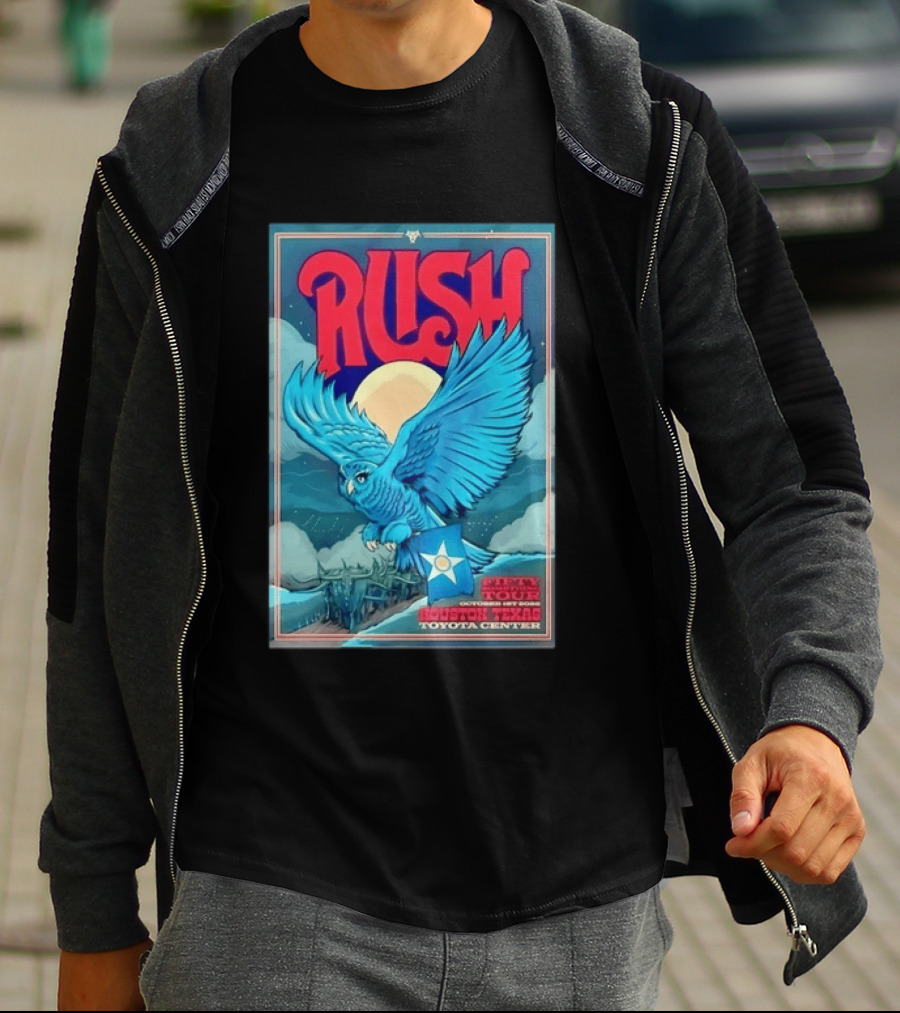 Rush Fifty Something Tour Houston Texas October 1st 2026 Toyota Center Blue Owl Moon Mountain Scene T-Shirt
