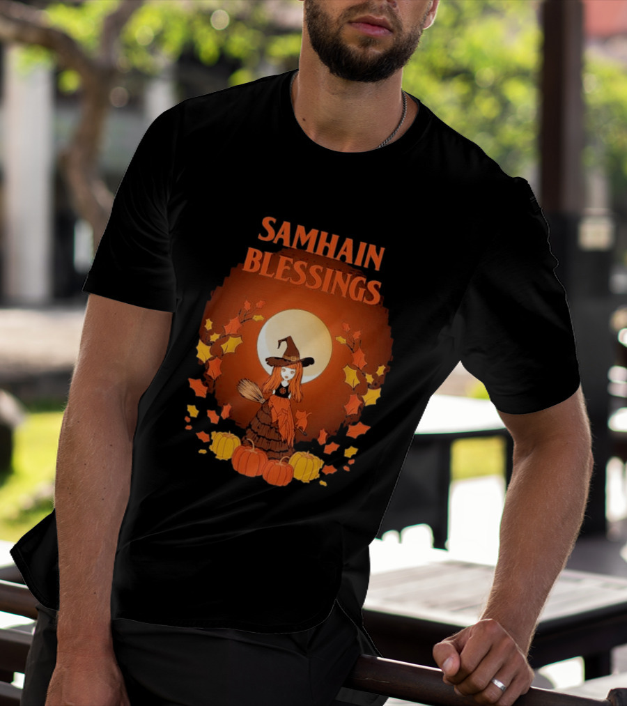 Samhain Blessings Little Witch And Pumpkin Magic Halloween T-Shirt