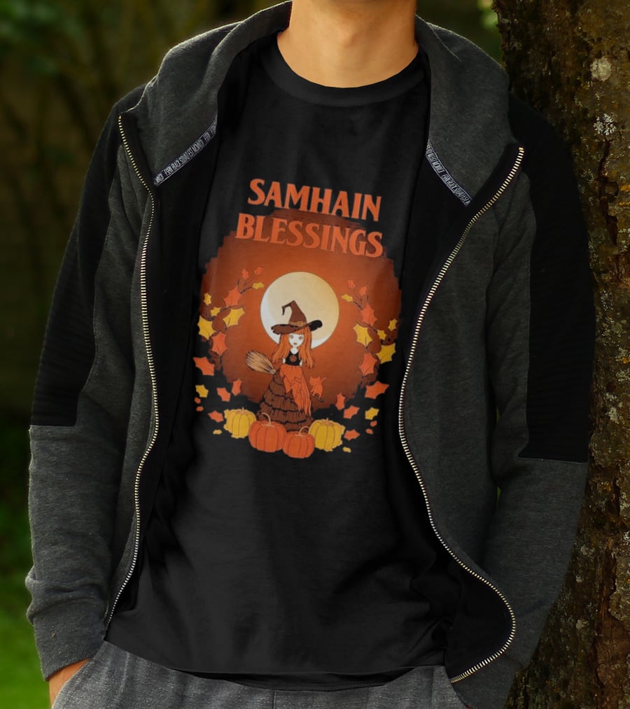 Samhain Blessings Little Witch And Pumpkin Magic Halloween T-Shirt