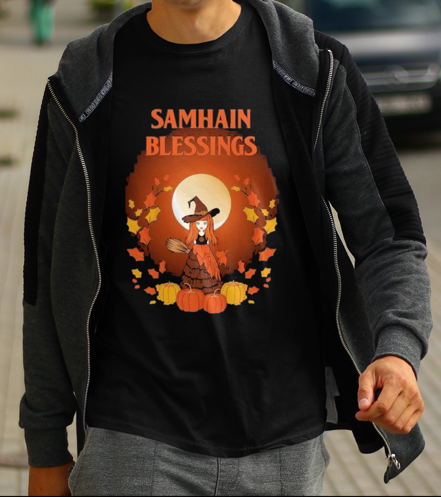 Samhain Blessings Little Witch And Pumpkin Magic Halloween T-Shirt