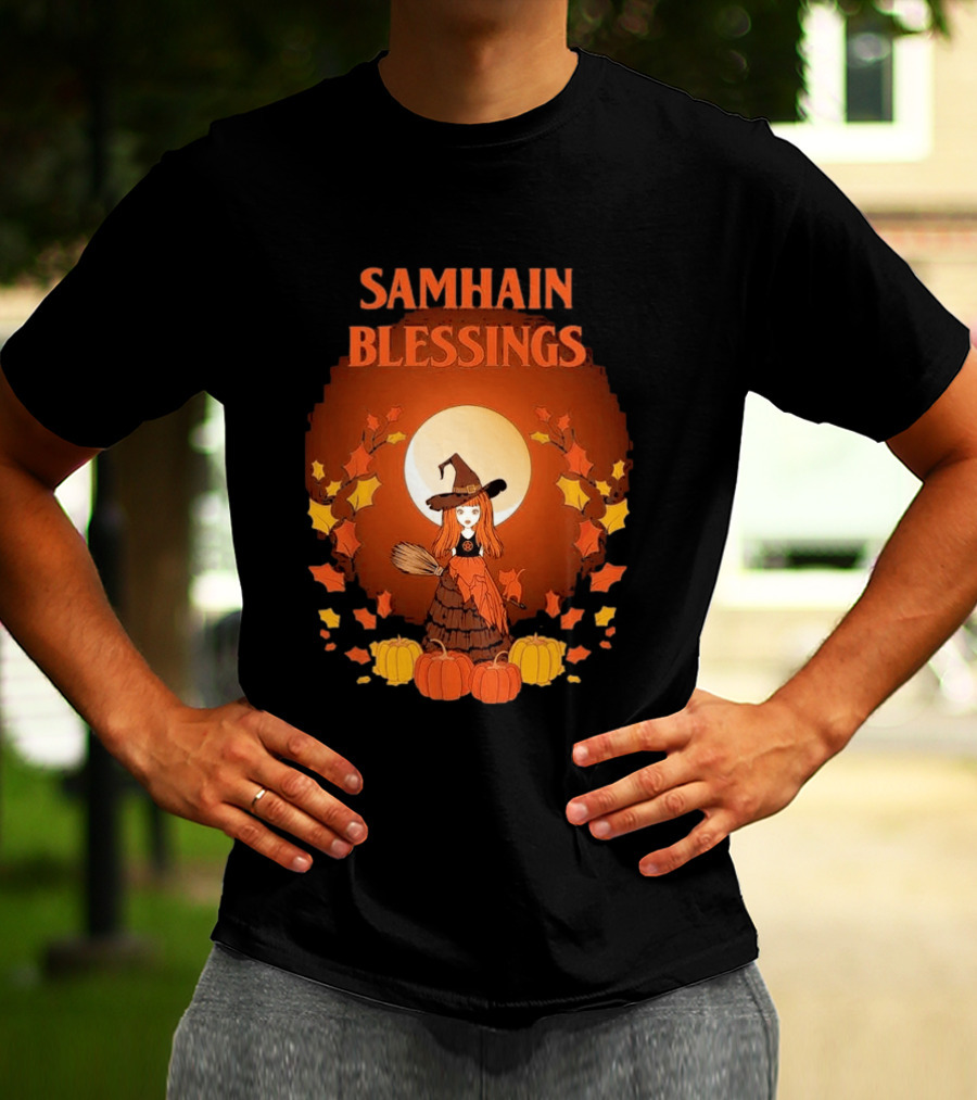 Samhain Blessings Little Witch And Pumpkin Magic Halloween T-Shirt