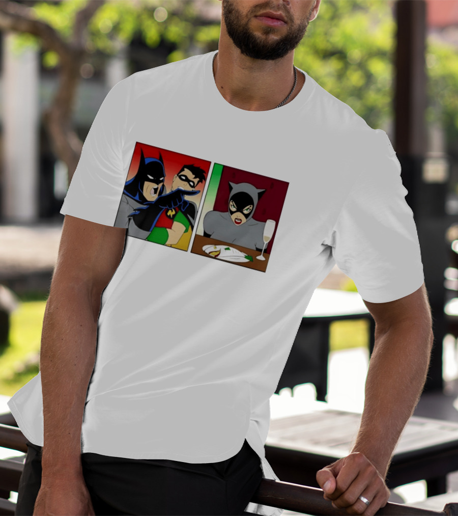 Batman Robin Yelling At Catwoman Meme Panel With Fish Plate And Wine Glass T-Shirt