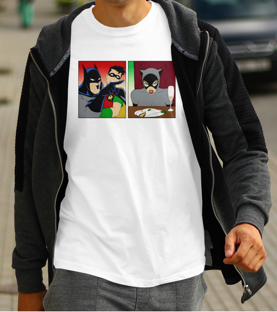 Batman Robin Yelling At Catwoman Meme Panel With Fish Plate And Wine Glass T-Shirt