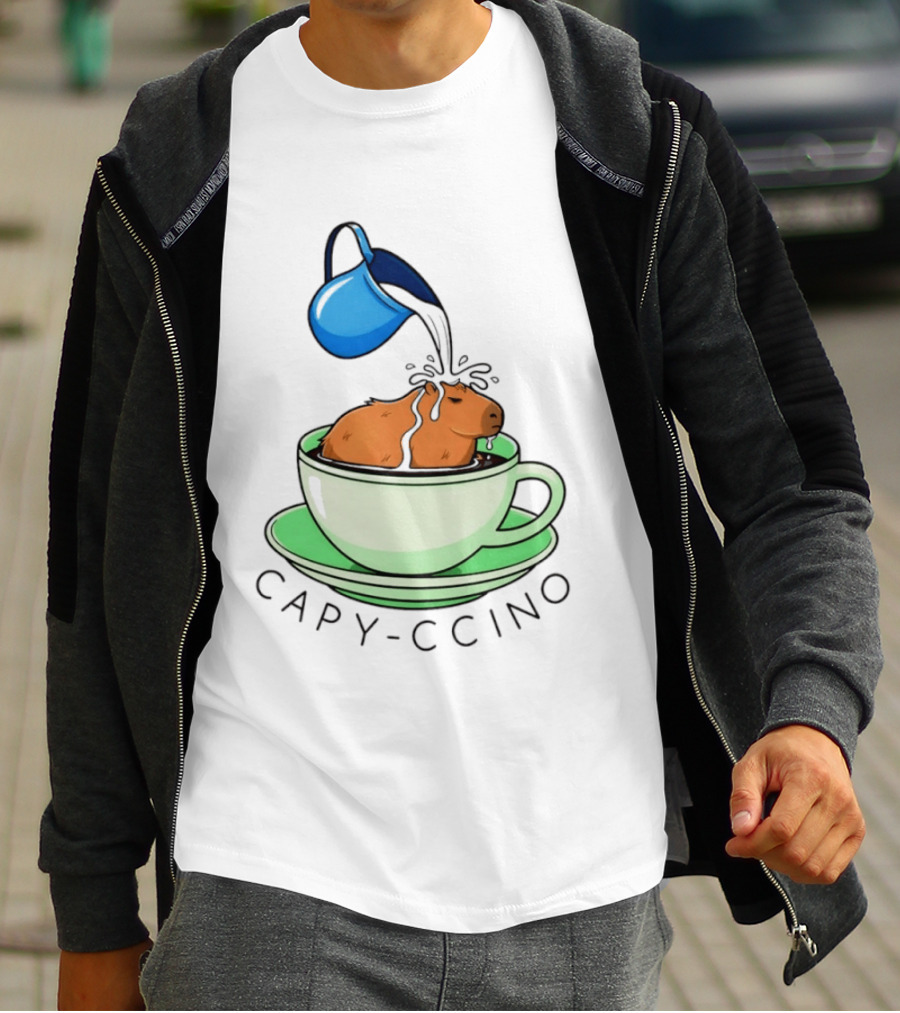 Capybara Coffee Capy Ccino In A Cup With Cappuccino Pouring Scene T-Shirt