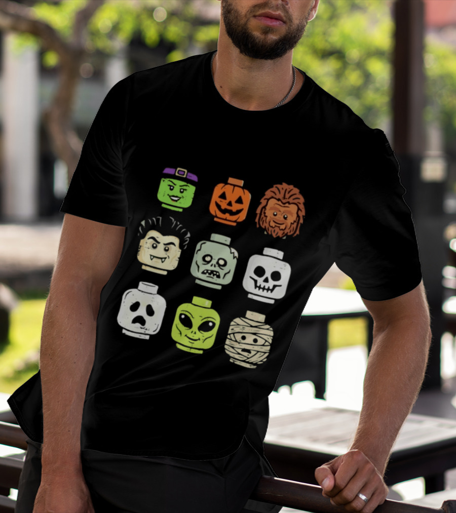 Distressed Halloween Minifigure Frankenstein Pumpkin Werewolf Dracula Zombie Ghost Alien Mummy Heads Collection T-Shirt