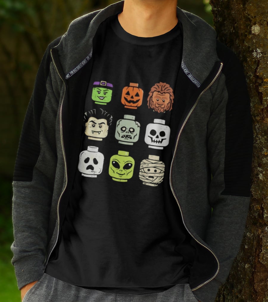 Distressed Halloween Minifigure Frankenstein Pumpkin Werewolf Dracula Zombie Ghost Alien Mummy Heads Collection T-Shirt