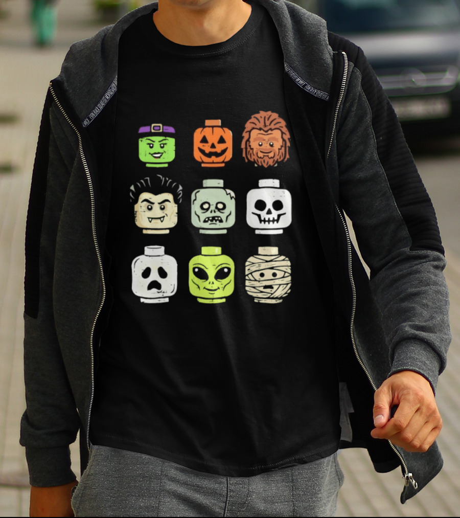 Distressed Halloween Minifigure Frankenstein Pumpkin Werewolf Dracula Zombie Ghost Alien Mummy Heads Collection T-Shirt