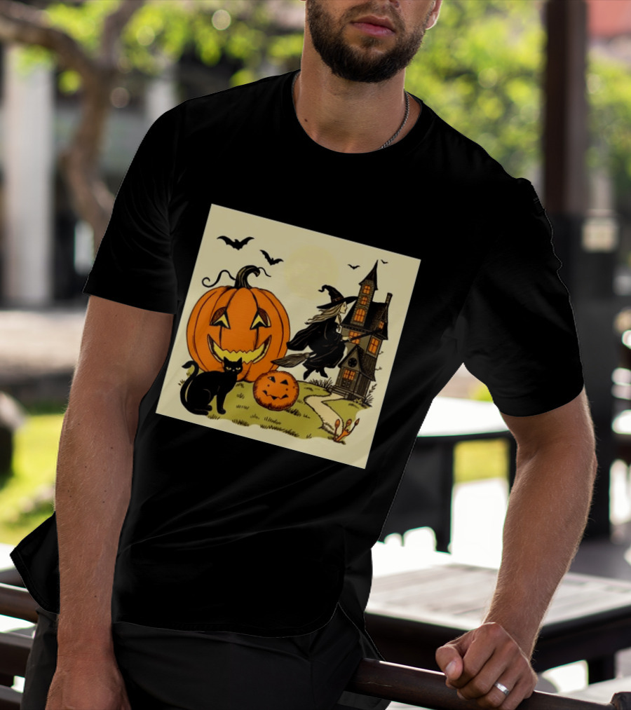 Spooktacular Halloween Black Cat Witch Pumpkin Haunted House T-Shirt