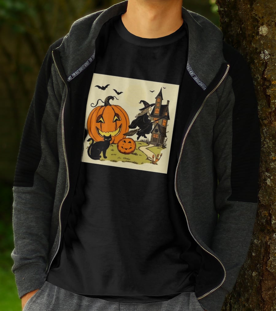 Spooktacular Halloween Black Cat Witch Pumpkin Haunted House T-Shirt