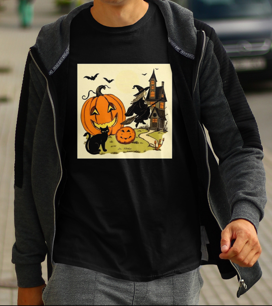 Spooktacular Halloween Black Cat Witch Pumpkin Haunted House T-Shirt