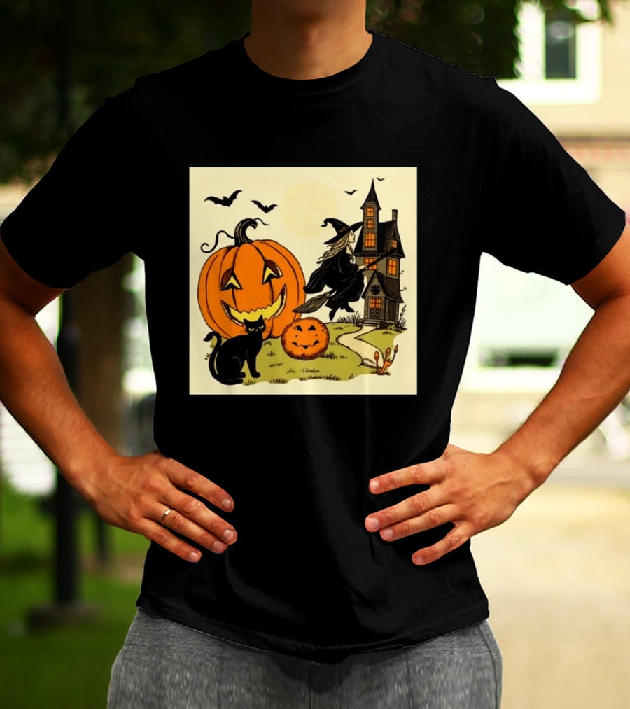 Spooktacular Halloween Black Cat Witch Pumpkin Haunted House T-Shirt