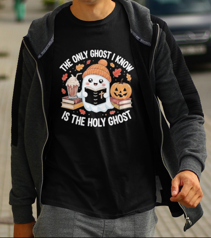 The Only Ghost I Know Is The Holy Ghost Pumpkin Hat Latte Autumn Leaves T-Shirt