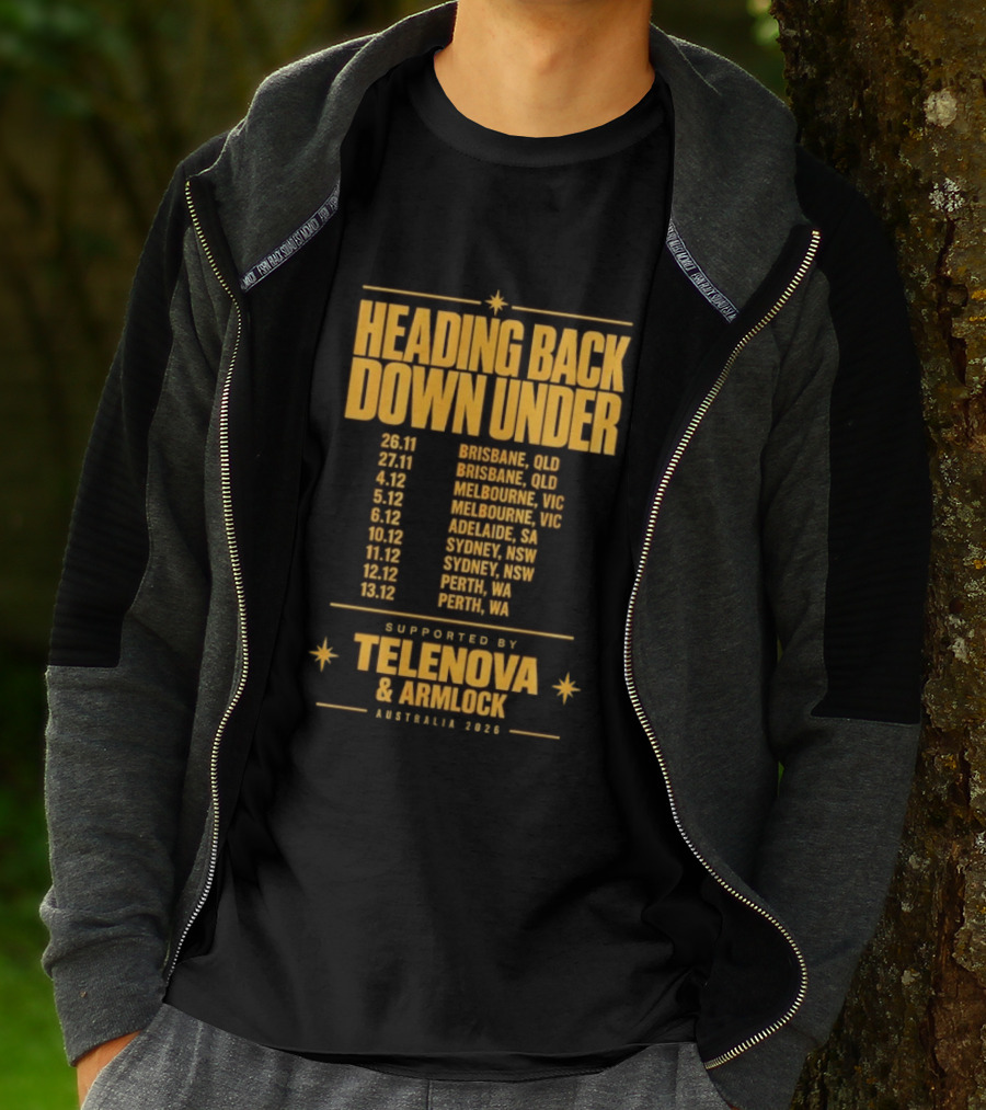 Heading Back Down Under Australia 2026 Tour Dates Brisbane Melbourne Adelaide Sydney Perth Telenova Armlock T-Shirt