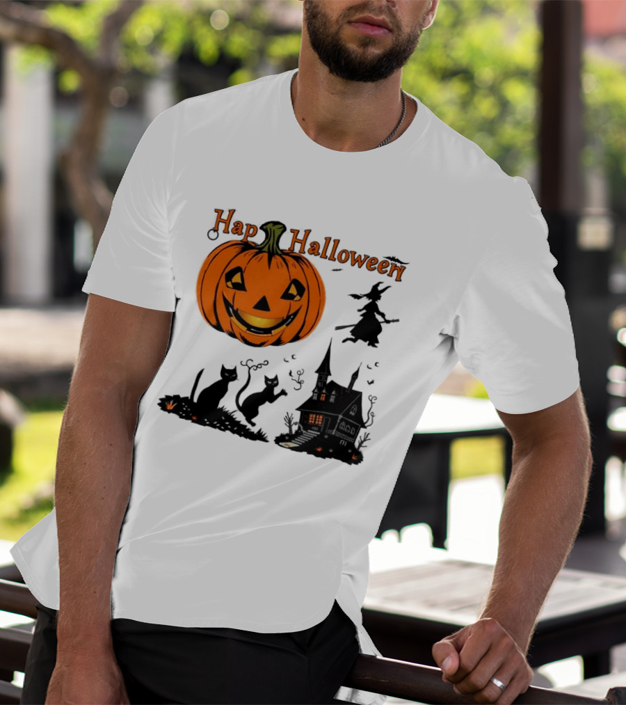 Happy Halloween Pumpkin Black Cats Witch Haunted House T-Shirt