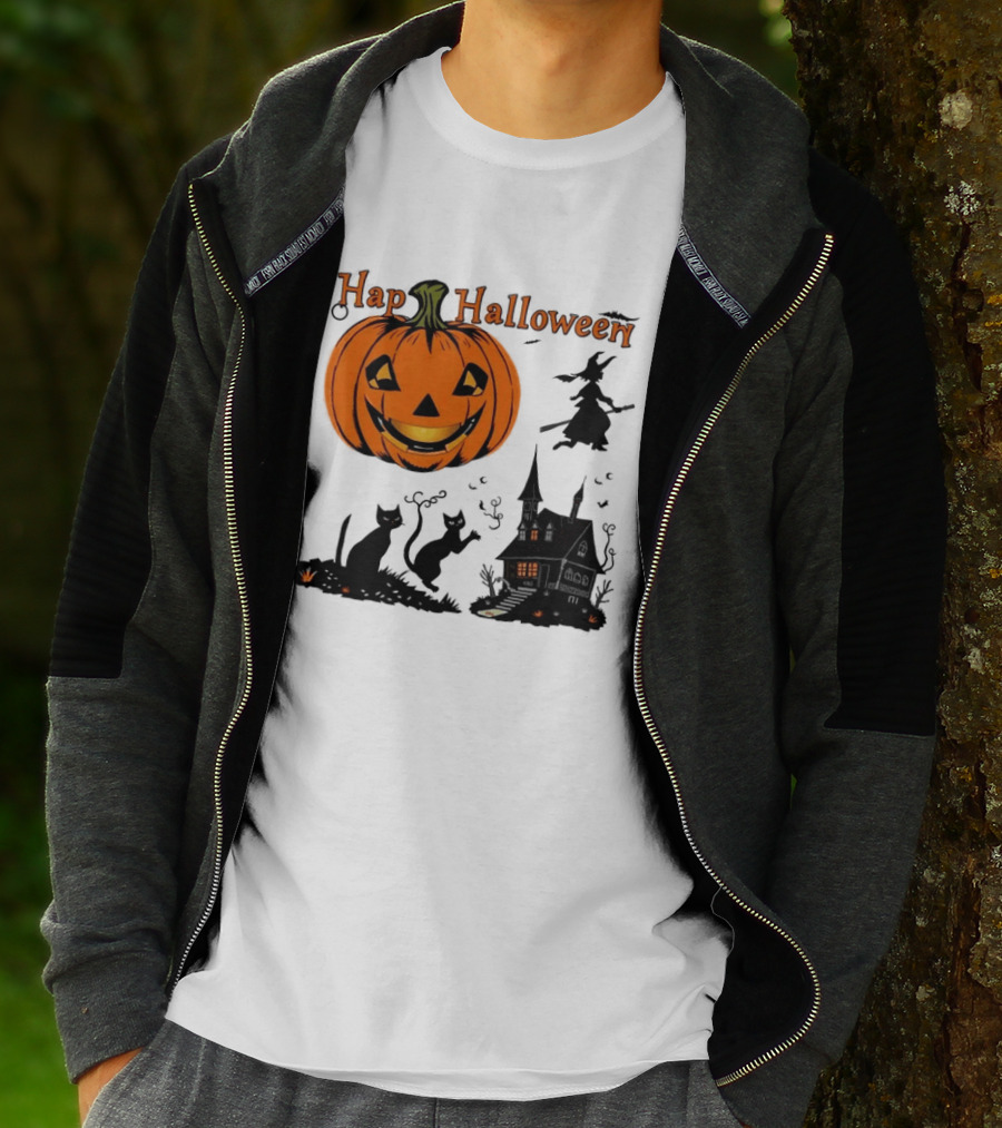 Happy Halloween Pumpkin Black Cats Witch Haunted House T-Shirt