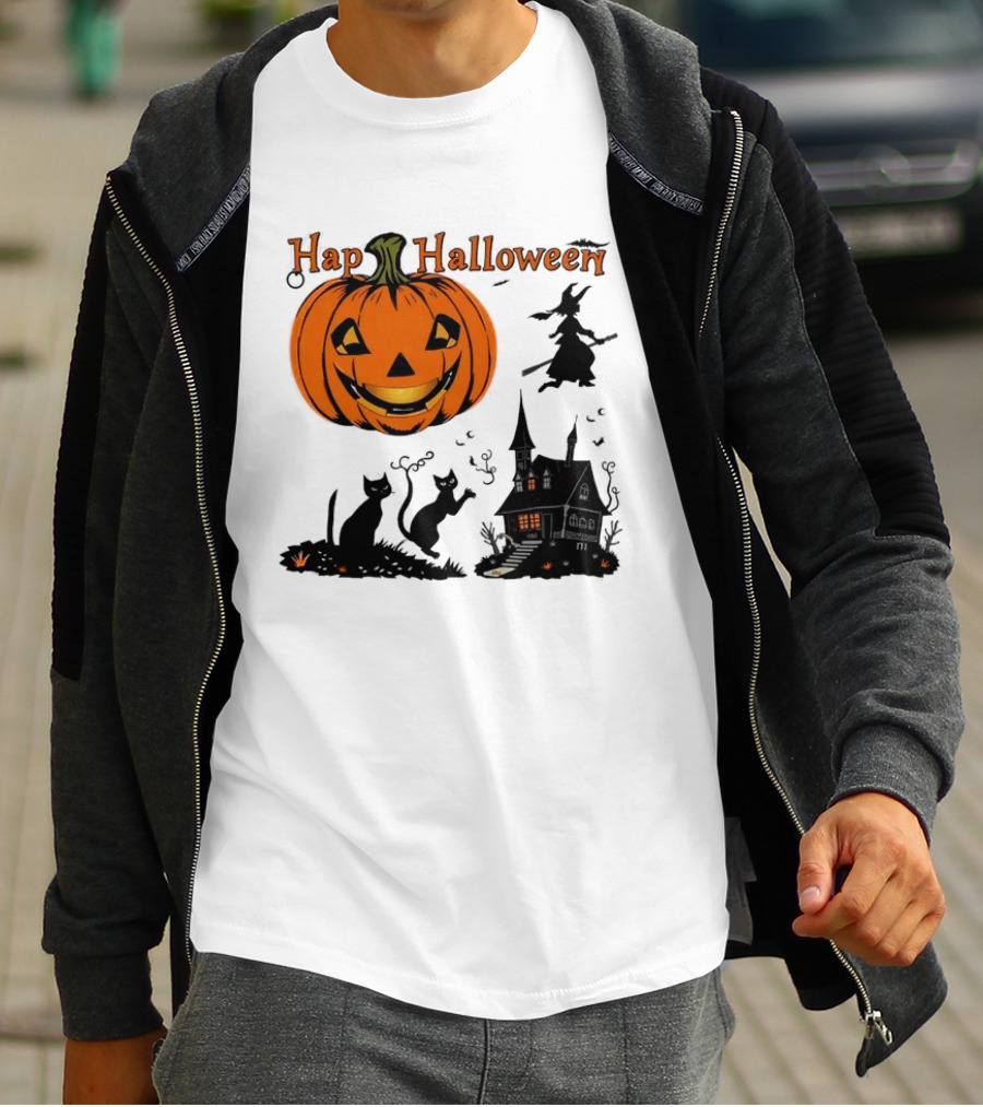 Happy Halloween Pumpkin Black Cats Witch Haunted House T-Shirt