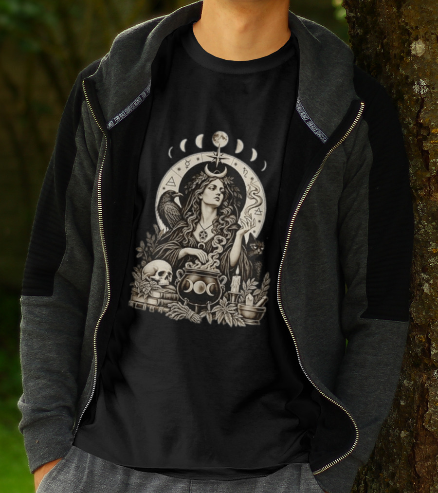Witch Casting Spell With Raven Cat Pentacle Cauldron Moon Phases T-Shirt