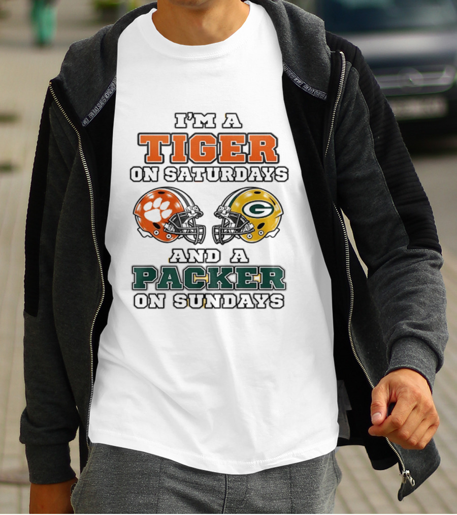 Tiger On Saturdays Clemson Tigers Packer On Sundays Green Bay Packers Helmets T-Shirt