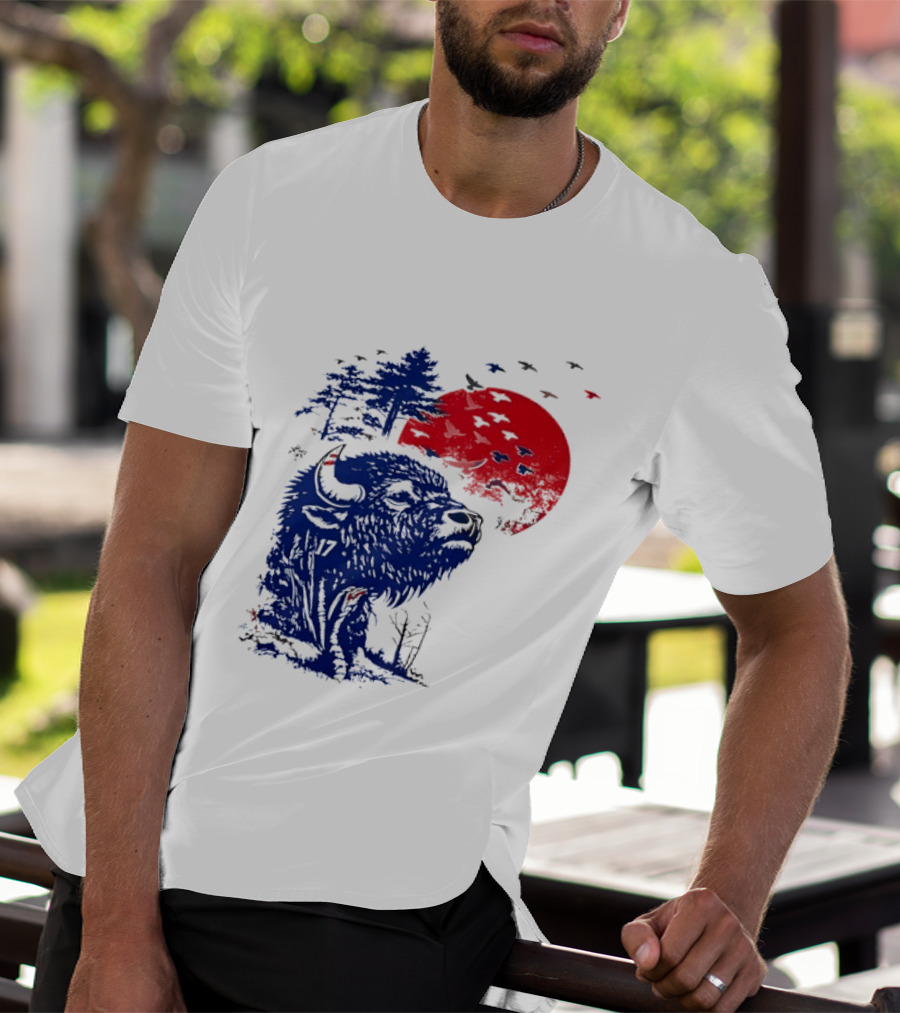 Buffalo Bills 17 Bison Sunset With Trees And Red Sun T-Shirt