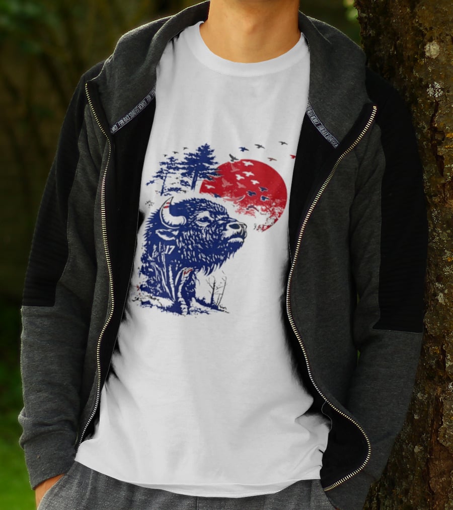 Buffalo Bills 17 Bison Sunset With Trees And Red Sun T-Shirt