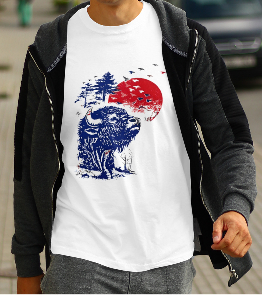 Buffalo Bills 17 Bison Sunset With Trees And Red Sun T-Shirt