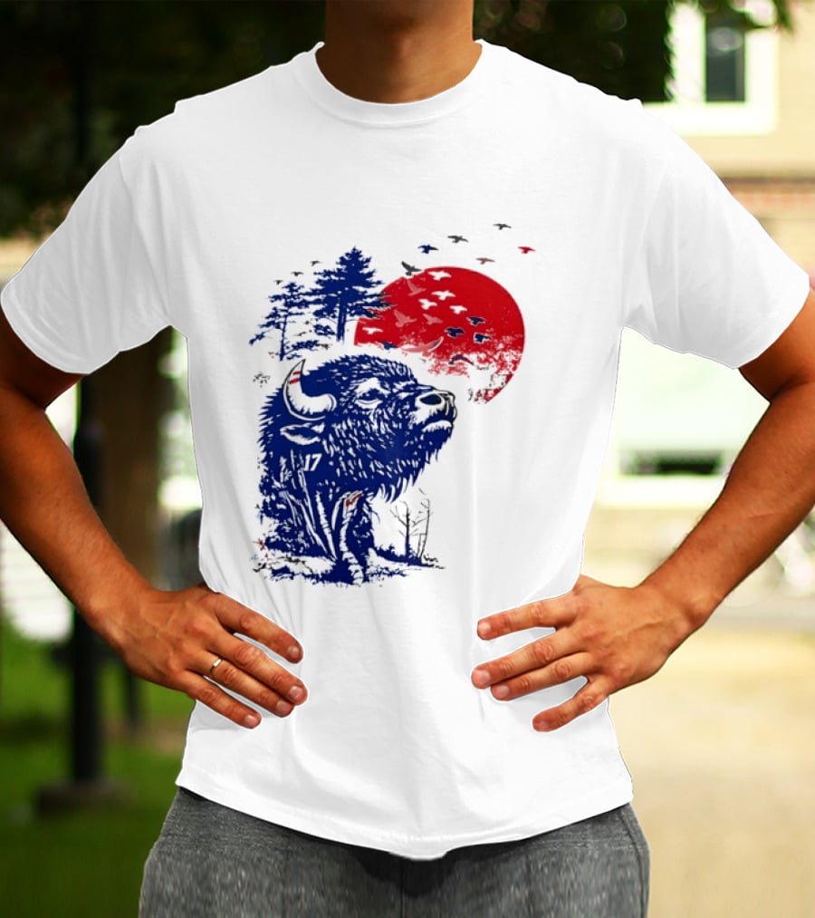 Buffalo Bills 17 Bison Sunset With Trees And Red Sun T-Shirt