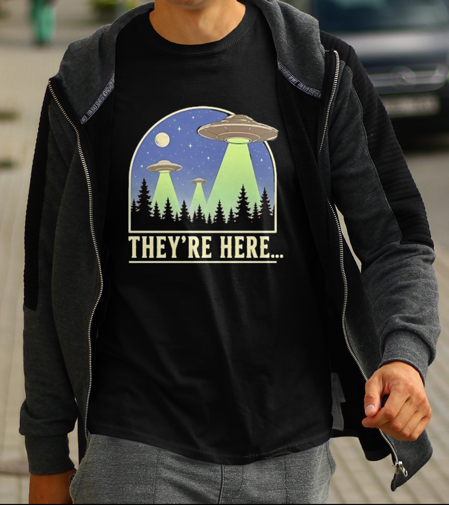 They're Here UFO Alien Abduction Night Forest Scene T-Shirt