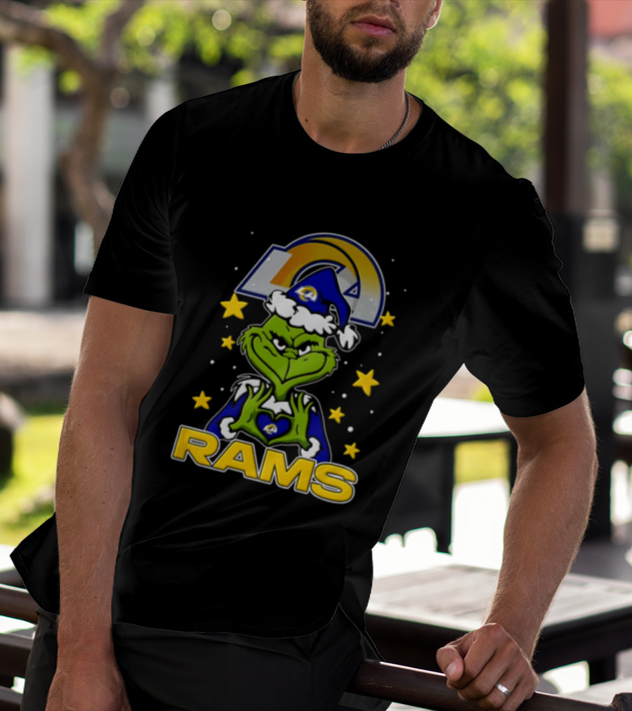 Los Angeles Rams Grinch Santa Hat Christmas Cartoon Fan Gear T-Shirt