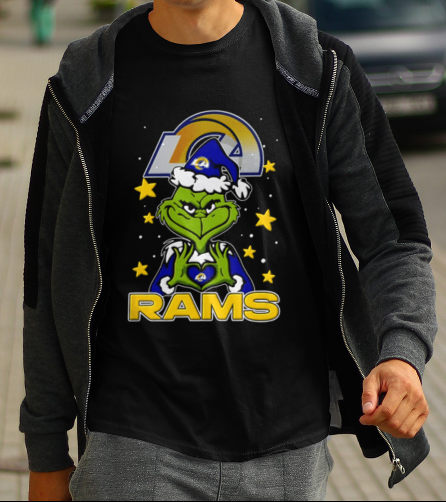 Los Angeles Rams Grinch Santa Hat Christmas Cartoon Fan Gear T-Shirt