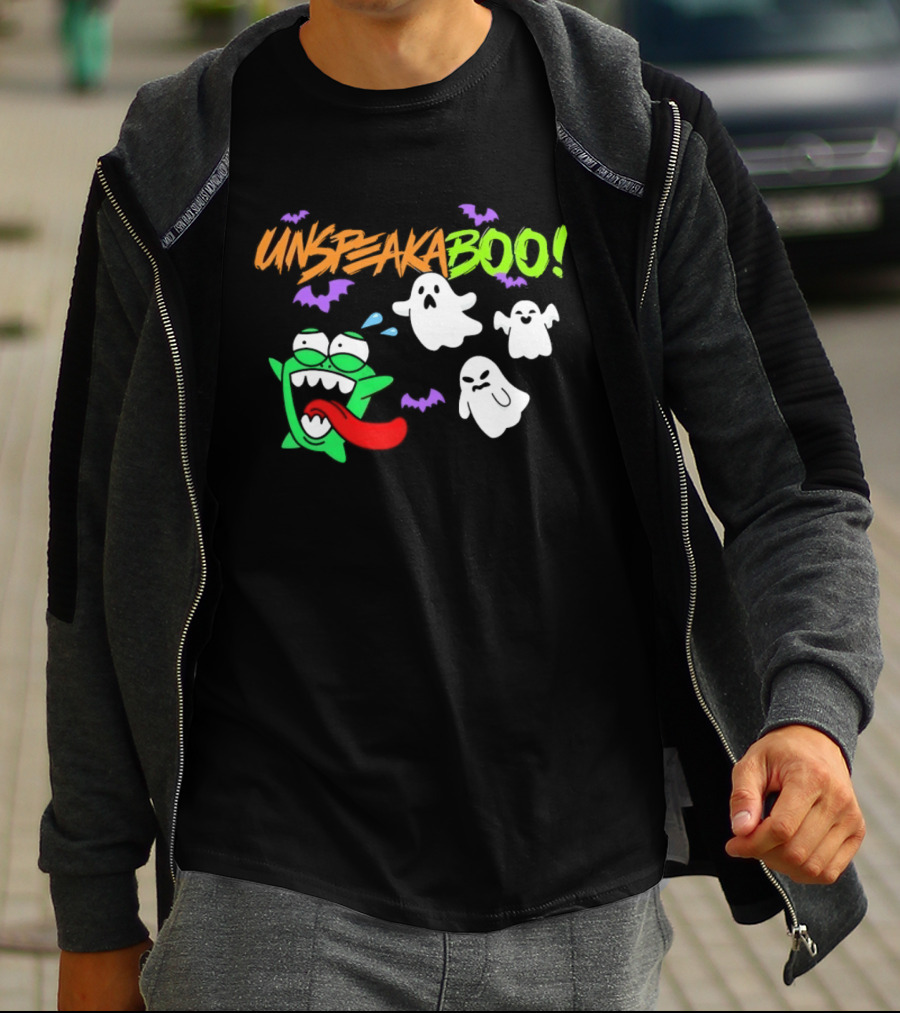 Unspeakaboo Halloween Ghosts With Green Monster And Purple Bats T-Shirt