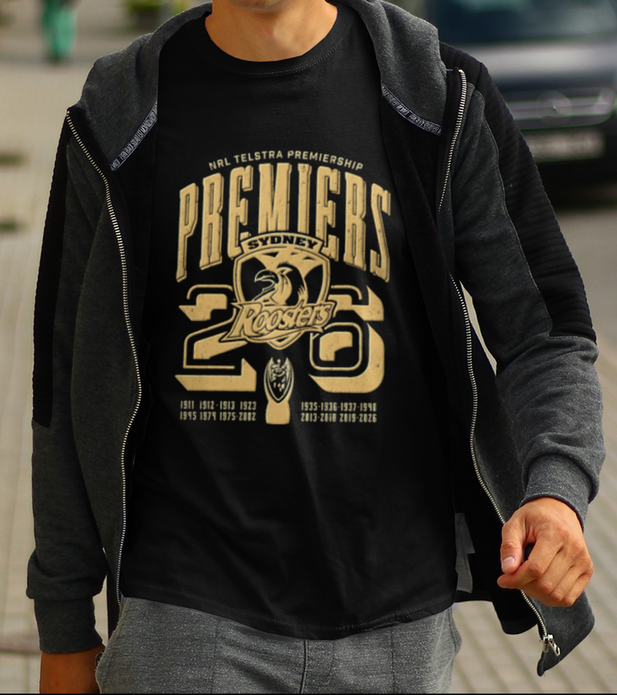 NRL Telstra Premiership Premiers Sydney Roosters 26 Champions History Roosters Gold T-Shirt