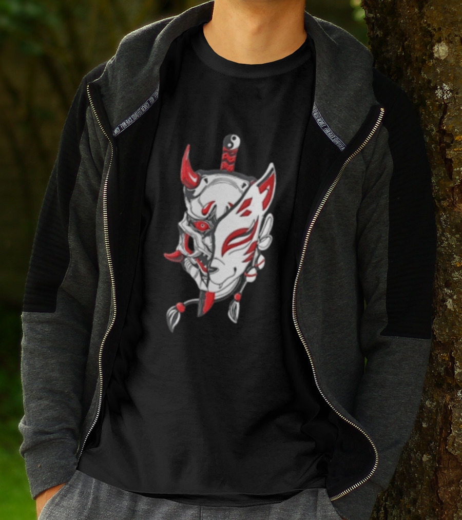 Oni Kitsune Mask Split Samurai Katana Fusion T-Shirt