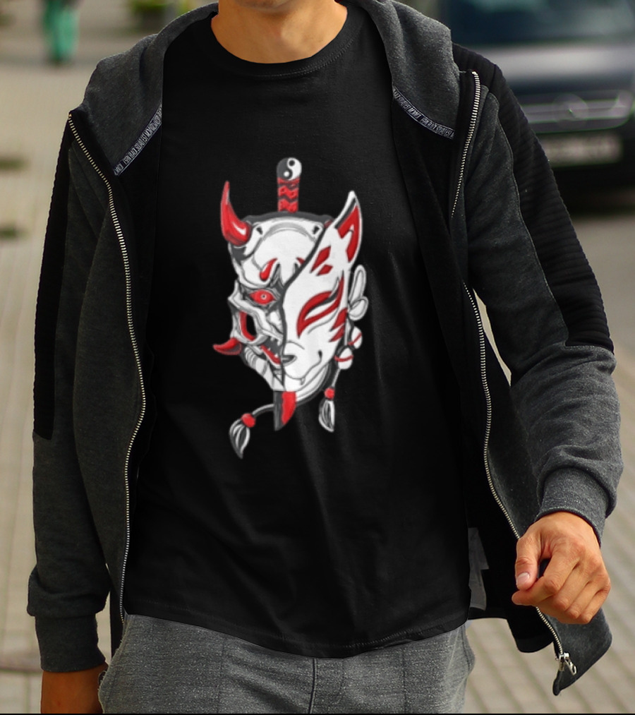 Oni Kitsune Mask Split Samurai Katana Fusion T-Shirt