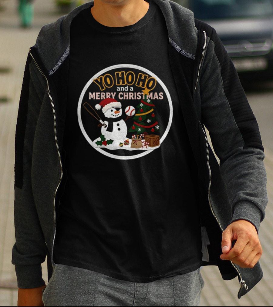 Pittsburgh Pirates Yo Ho Ho Merry Christmas Snowman With Baseball And Tree T-Shirt
