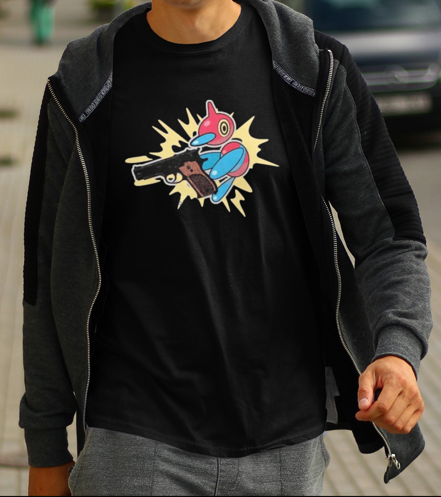 Porygon Z Holding Gun Pokemon Character Image T-Shirt