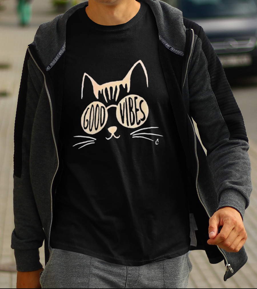 Good Vibes Cat Sunglasses Whimsical Feline T-Shirt