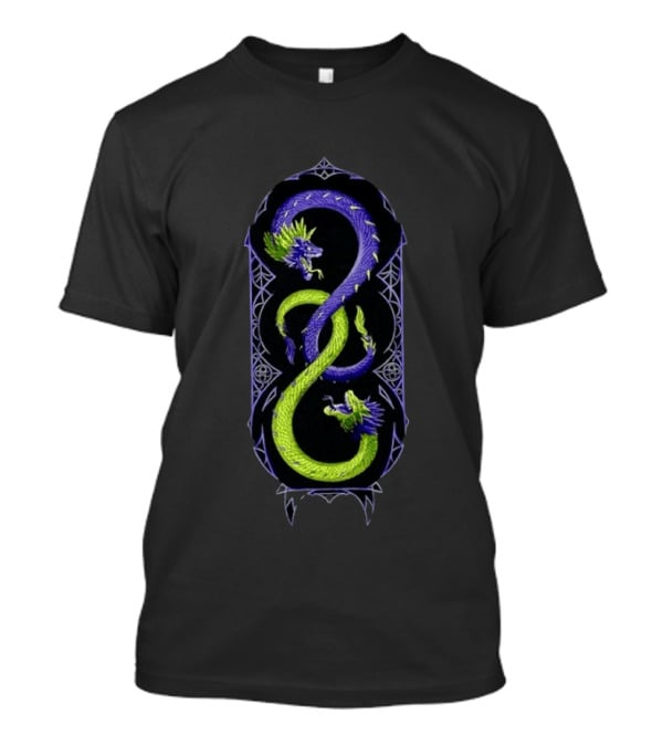 Intertwined Purple And Green Mythical Dragons Infinity Symbol Motif T-Shirt