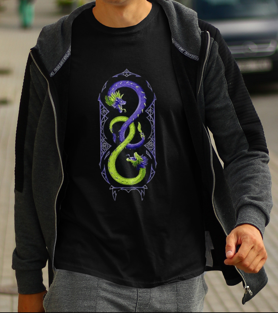Intertwined Purple And Green Mythical Dragons Infinity Symbol Motif T-Shirt