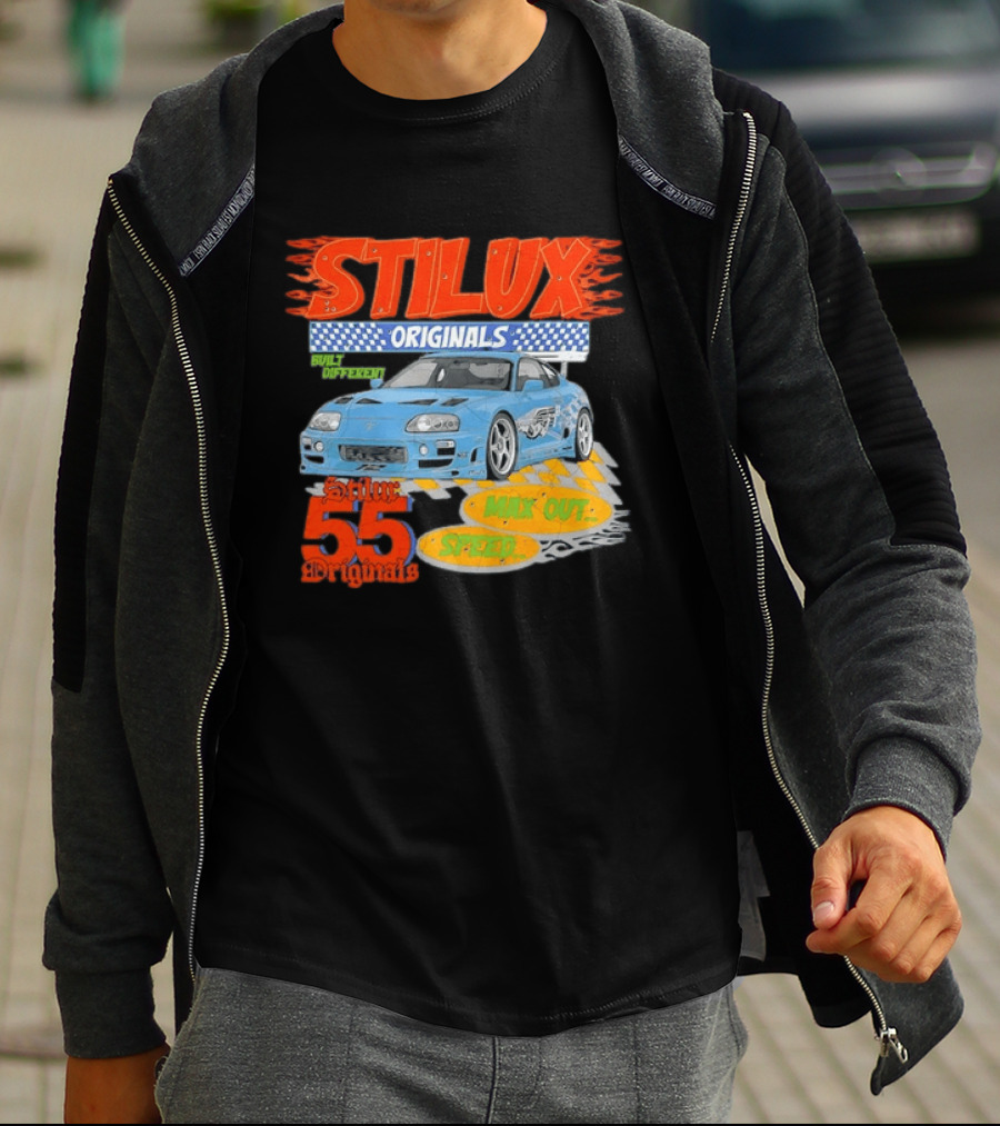 Stilux Originals Built Different Max Out Speed 55 Light Blue Sports Car Racing T-Shirt