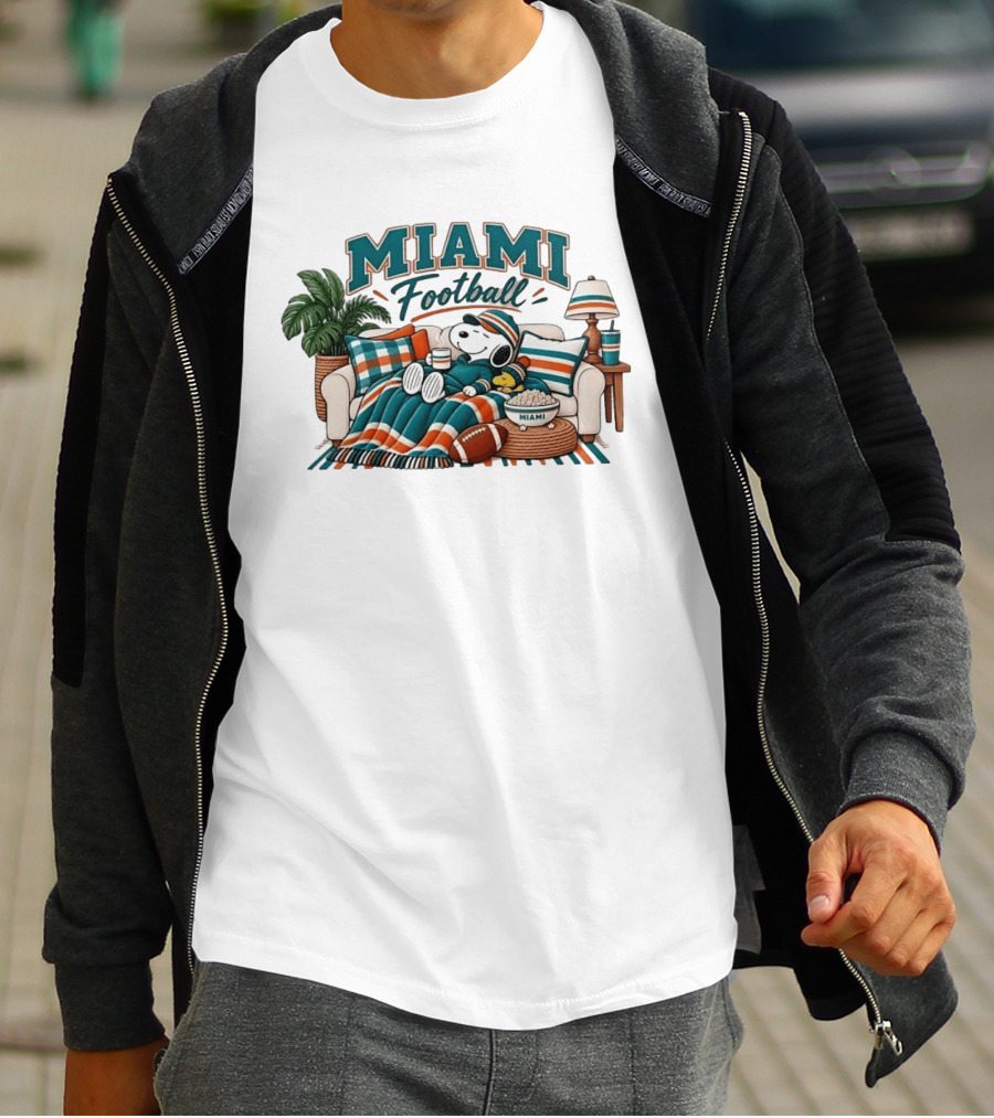 Miami Dolphins Snoopy Woodstock Couch With Miami Football T-Shirt