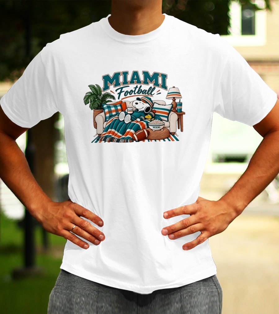 Miami Dolphins Snoopy Woodstock Couch With Miami Football T-Shirt