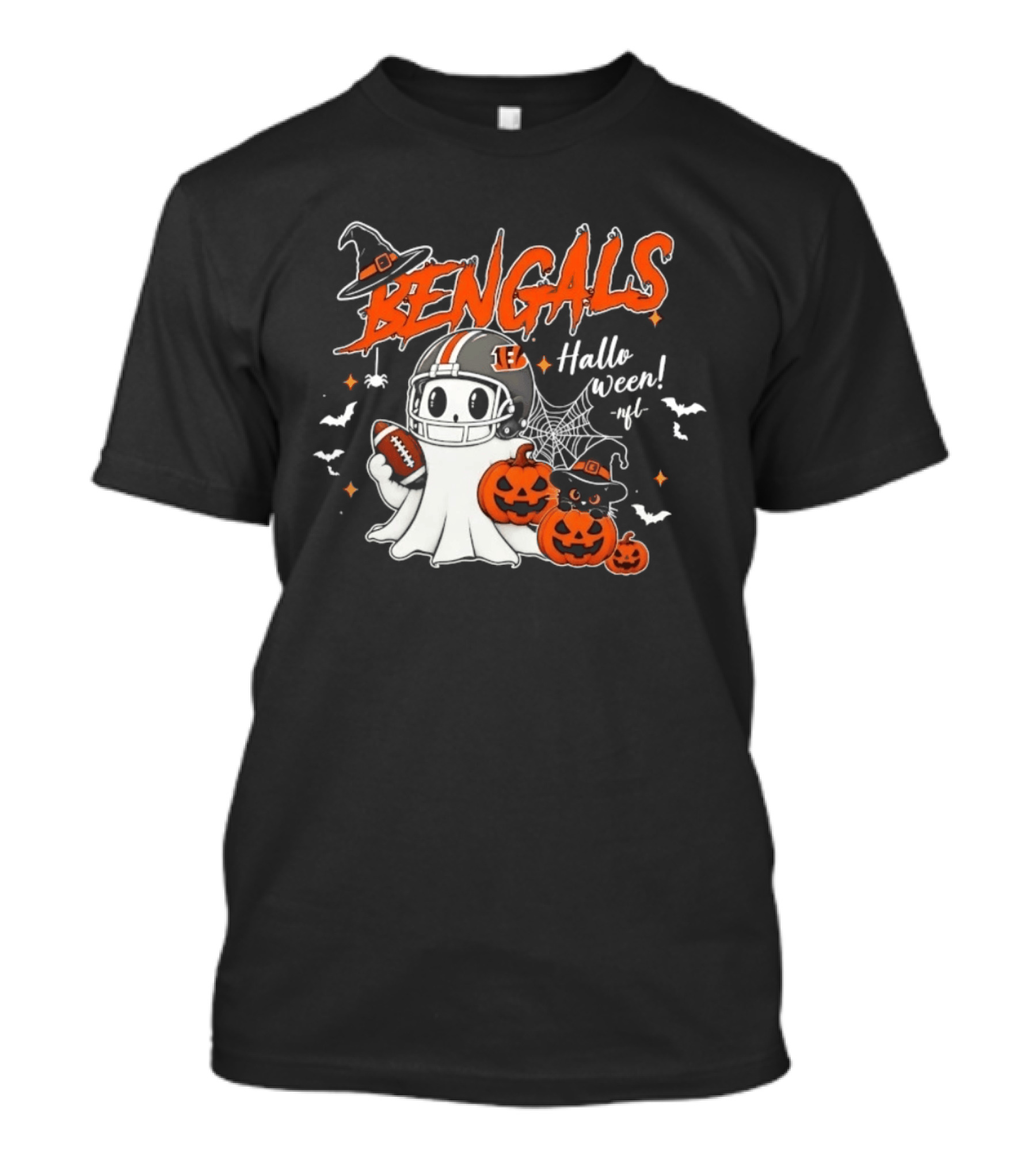 Bengals Halloween Ghost Football Pumpkin Helmets Spooky Scene T-Shirt