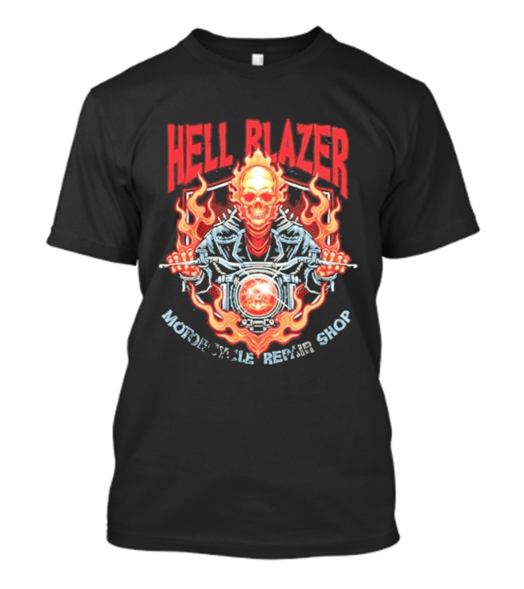 Hell Blazer Motorcycle Repair Shop Fiery Skull And Flames T-Shirt