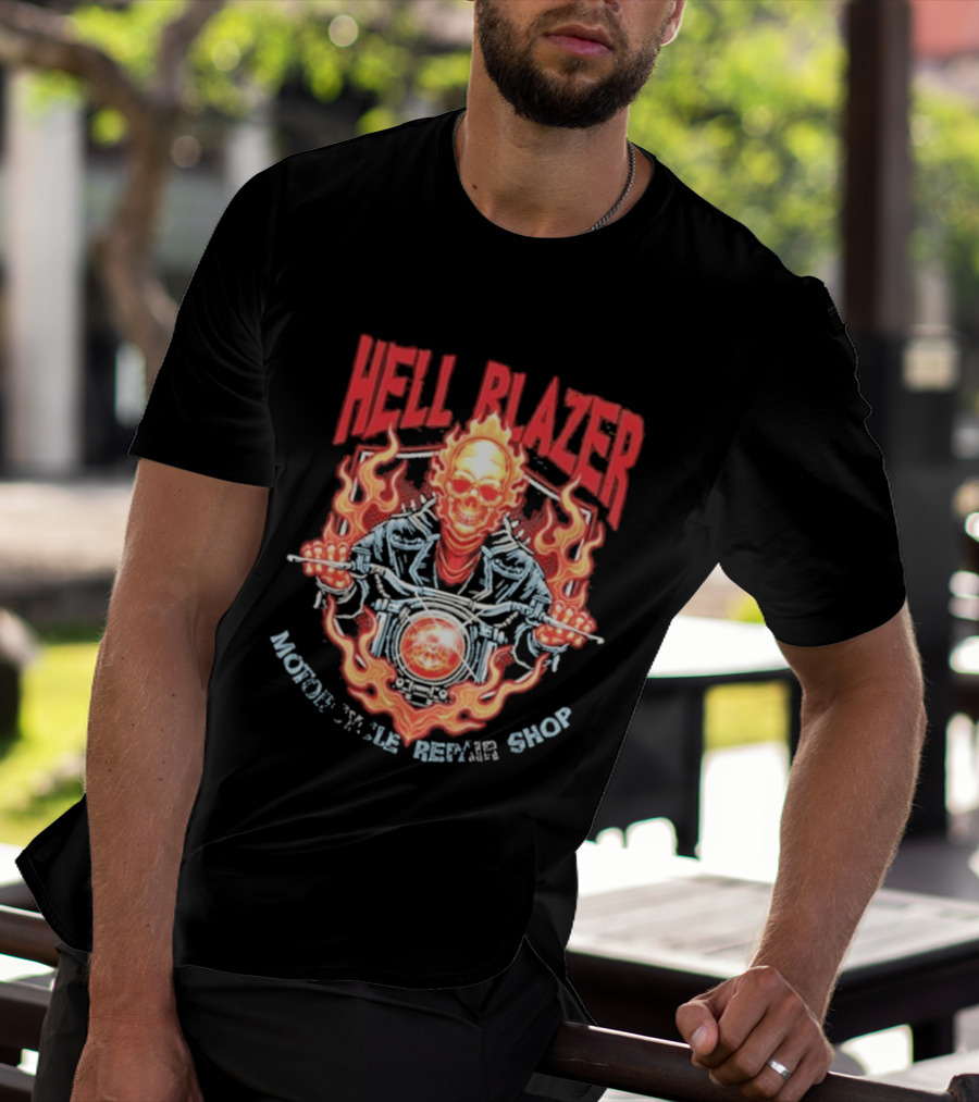 Hell Blazer Motorcycle Repair Shop Fiery Skull And Flames T-Shirt