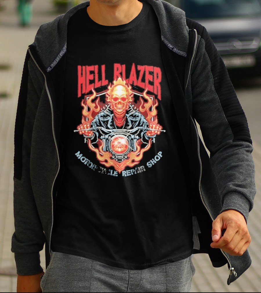 Hell Blazer Motorcycle Repair Shop Fiery Skull And Flames T-Shirt