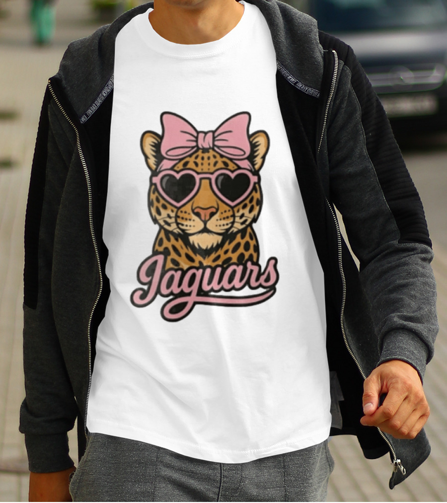 Jacksonville Jaguars Leopard Pink Bow Heart Sunglasses T-Shirt