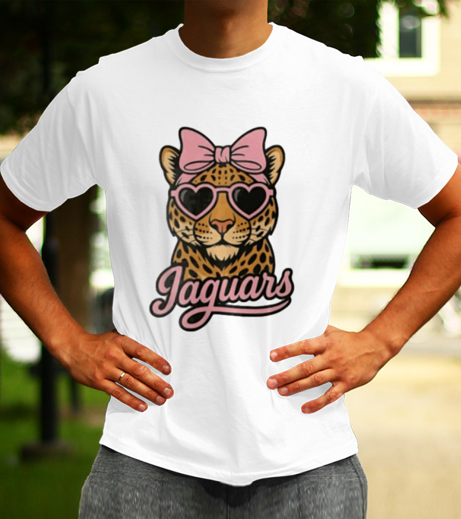 Jacksonville Jaguars Leopard Pink Bow Heart Sunglasses T-Shirt