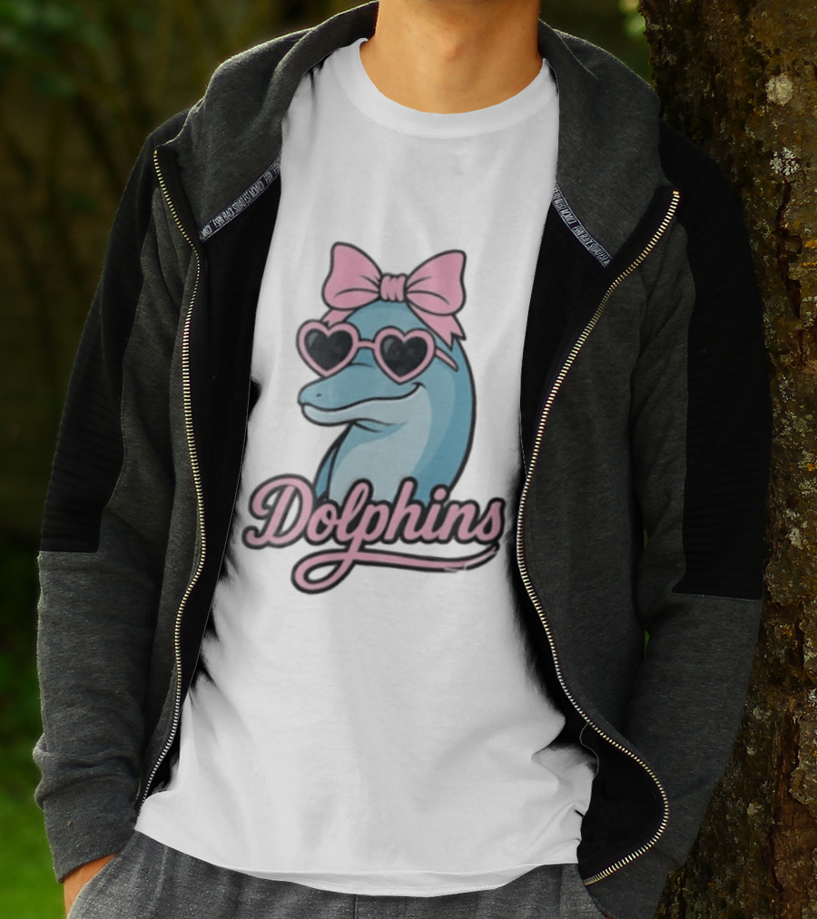Dolphins Blue Dolphin Pink Bow Heart Sunglasses T-Shirt