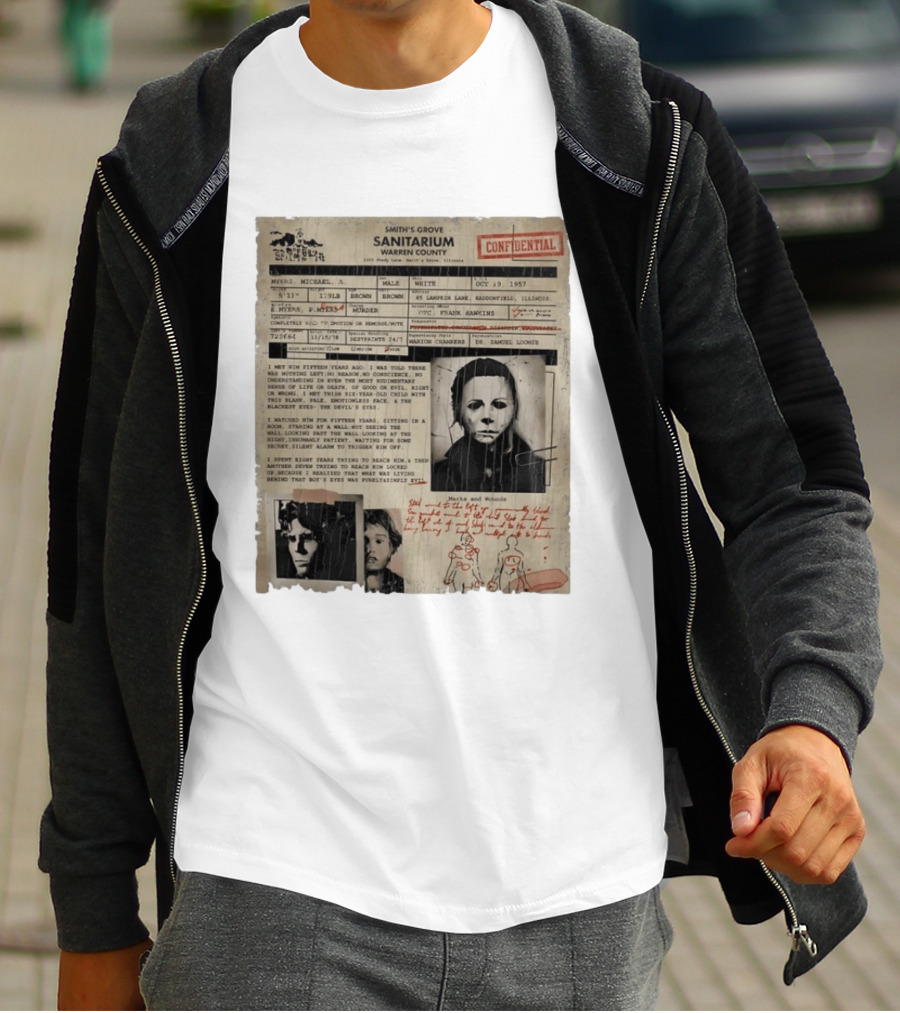 Smith's Grove Sanitarium Confidential Patient File Michael Myers Vintage Horror Movie Scene T-Shirt