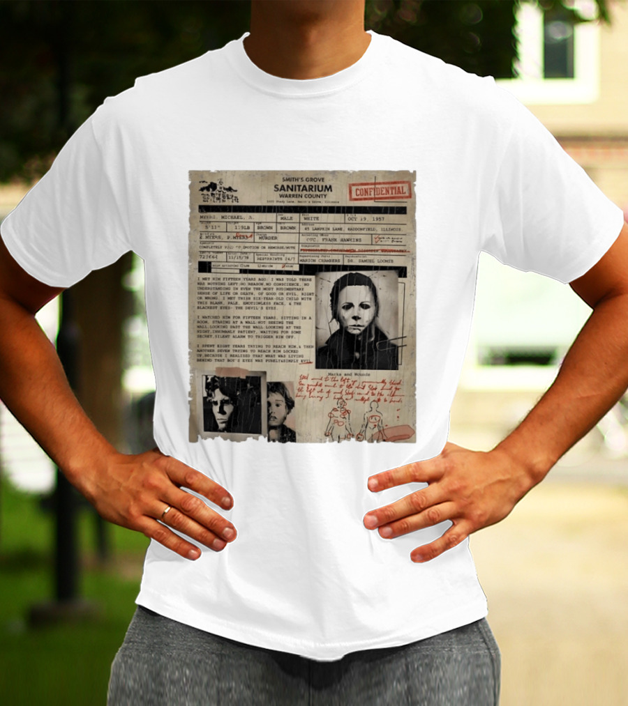 Smith's Grove Sanitarium Confidential Patient File Michael Myers Vintage Horror Movie Scene T-Shirt